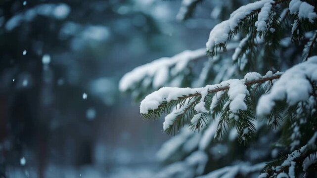 Gentle snowfall on snow-covered pine branches in a serene winter forest with soft bokeh