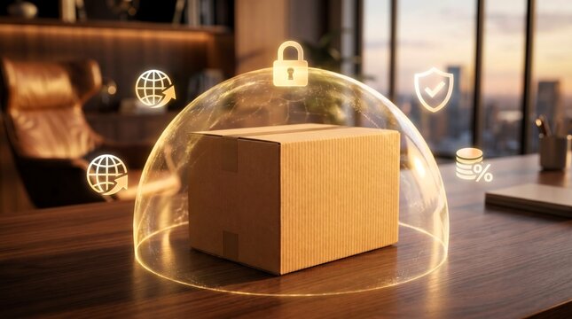 Cardboard box protected by a glowing digital shield dome with security icons on a desk in a modern office