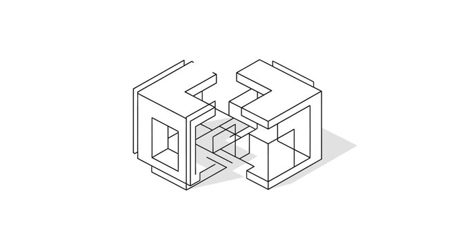 Isometric line art illustration of interlocking geometric blocks on a white background