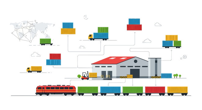 Global logistics and supply chain illustration with containers, trucks, train and warehouse.