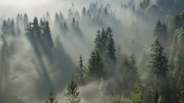 Majestic pine forest shrouded in ethereal morning mist sunbeams piercing through dense evergreen