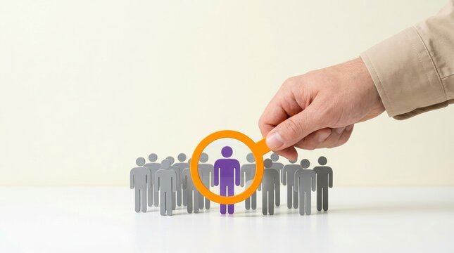 recruitment, talent, hiring, human resources, selection, magnifying glass, leader hand picking a unique purple candidate from a crowd, illustrating strategic headhunting concepts.