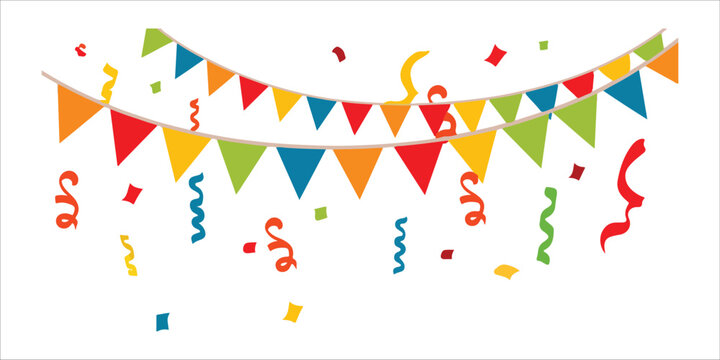 Colorful triangular flags and confetti on white background for celebration decoration