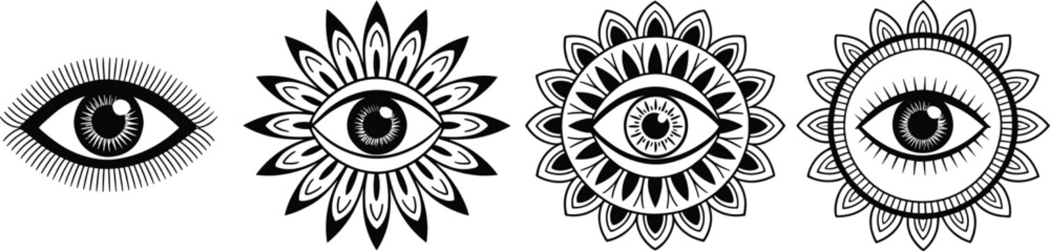 Mystical eye mandala ornament collection, decorative spiritual symbols with floral geometric patterns, elegant black vector illustration set