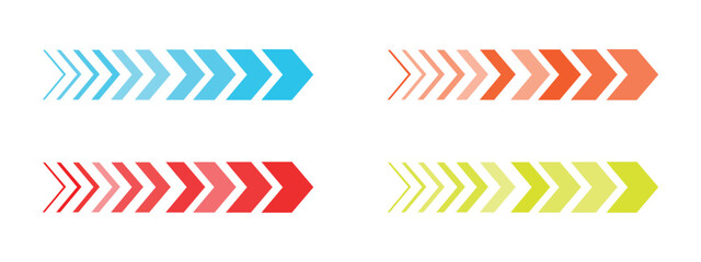 Fototapeta premium Colorful directional chevron and progress arrow set with blue, orange, red, and green gradients. Isolated vector illustration of forward movement and loading symbols for web interface.