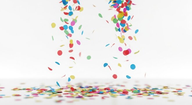 Colorful confetti falling and accumulating on a white surface white background