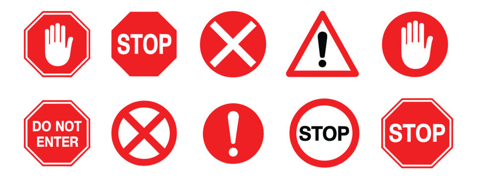 Red prohibition and warning traffic sign set with stop, do not enter, and exclamation mark. Isolated vector illustration of road safety alert and restriction symbols for urban navigation.
