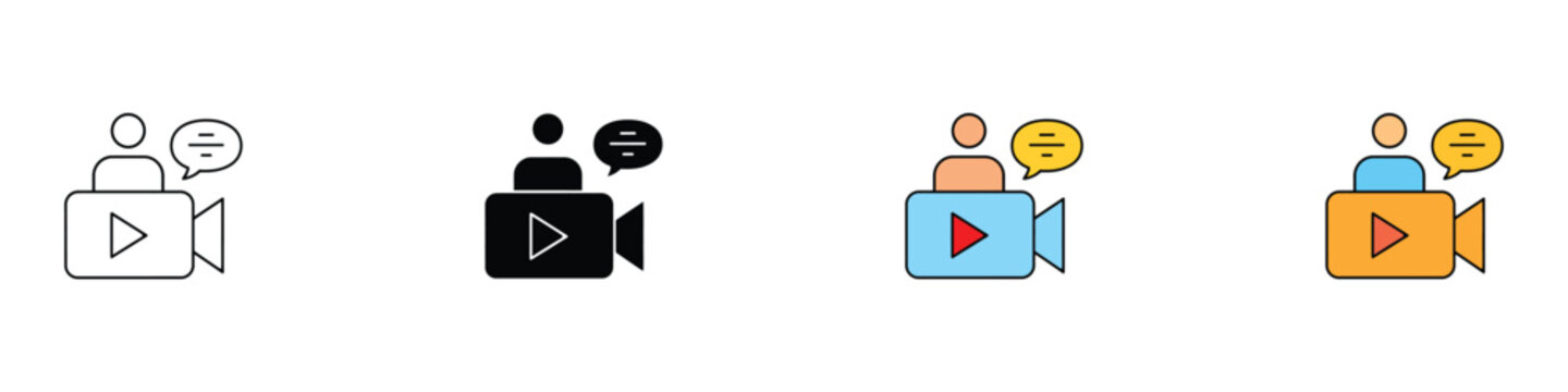Video content creator and multimedia tutorial icon set with camera and speech bubble. Isolated vector illustration of online webinar and vlogger symbols in outline and flat colorful styles.