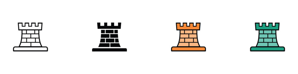Chess rook icon set representing strategy and castle defense. Isolated vector illustration of game pieces in outline, solid, and flat colorful styles for business and competition design. © MdNurul