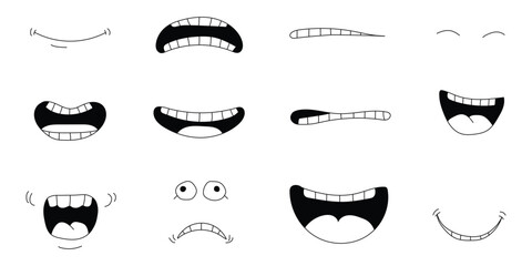 Cartoon mouth expressions and smile set with various emotions. Isolated vector illustration of hand drawn comic lips and teeth for character design in black and white sketch style. © MdNurul