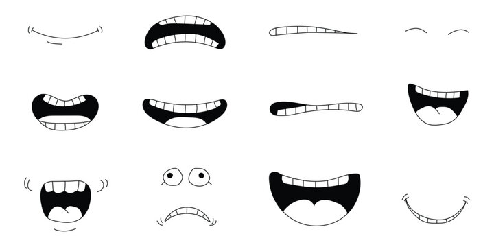Cartoon mouth expressions and smile set with various emotions. Isolated vector illustration of hand drawn comic lips and teeth for character design in black and white sketch style.