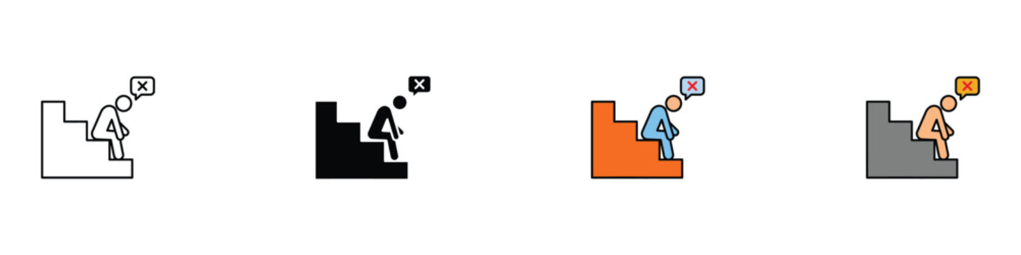 Career failure and business obstacle icon set with a person sitting sadly on stairs. Isolated vector illustration of disappointment and professional setback symbols in various graphic styles.