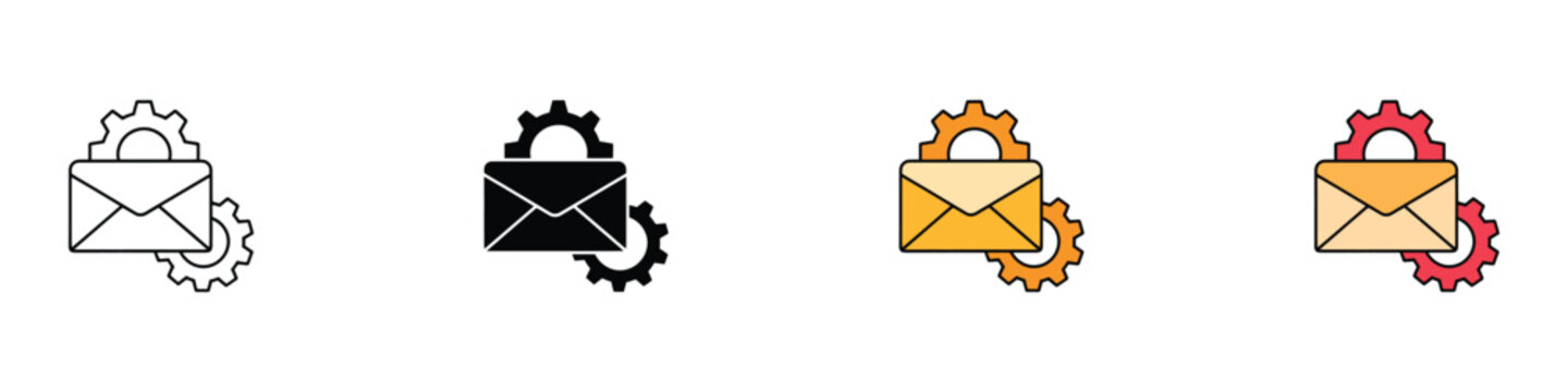Email automation and message processing icon set with envelope and gears. Isolated vector illustration of digital marketing and communication workflow symbols in various graphic styles.