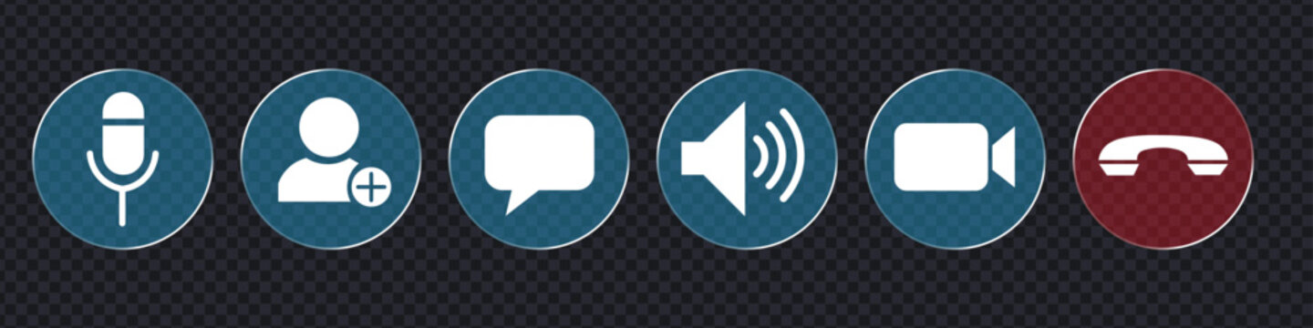 Glassmorphism video call and virtual meeting interface icon set with microphone, camera, and hang up button. Isolated vector illustration of digital communication and online conference symbols.