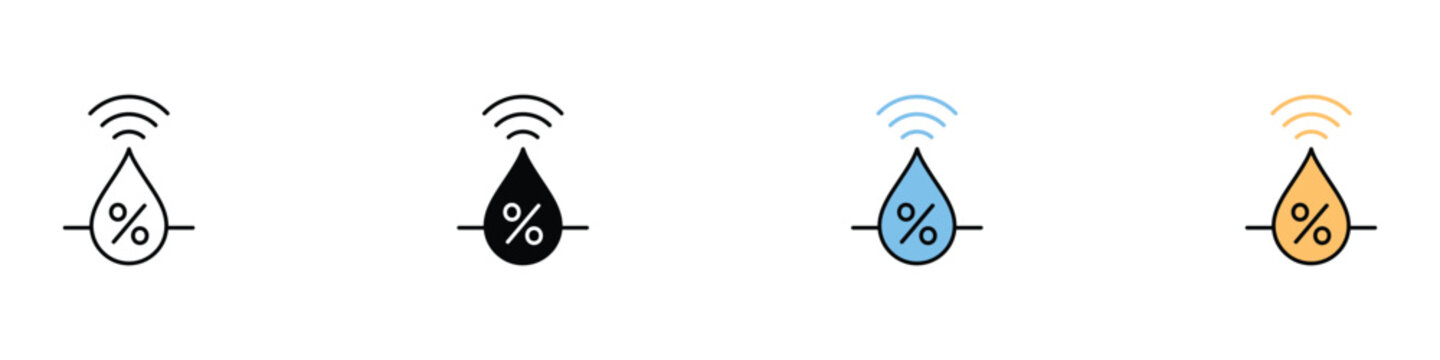 Soil moisture and humidity sensor icon set with water drop and percentage sign. Smart agriculture and irrigation technology symbols in various styles.