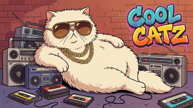 Fluffy cats wearing sunglasses and chains concept. A stylish cartoon cat chillin' with vintage music devices.