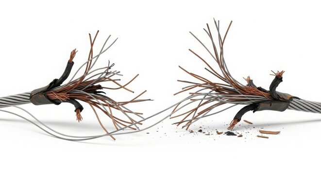 Damaged electrical cable showing frayed wires and insulation separation white background