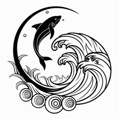 Black and white illustration of a dolphin jumping out of a wave © Afzaal