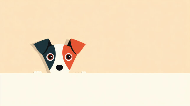 Cute dog cartoon puppy peeking banner copy space minimal flat design on beige background, playful pet face behind blank sign, curious expression