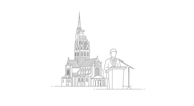 Public speaker addressing a crowd in front of a historic cathedral