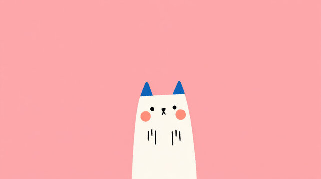 Cute cat pink background minimal cartoon white fur blue ear rosy cheek illustration of shy kitten emerging from bottom, flat design with space
