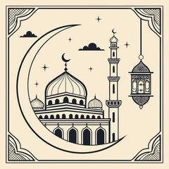 Elegant mosque and crescent moon design with lantern and stars on beige © Afzaal
