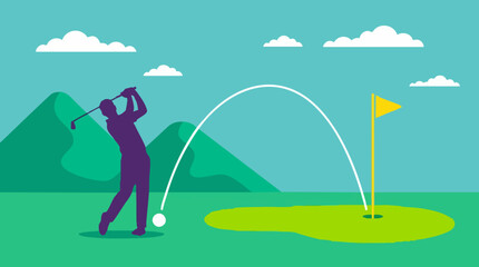 Golfer hitting a golf ball with a club towards a flag on a green golf course © GraphWorks