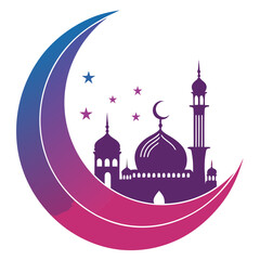 Vibrant crescent moon silhouette with mosque © Afzaal