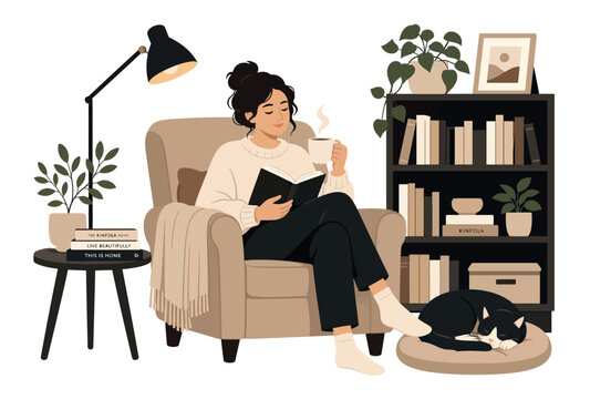 Woman Sitting on Beige Armchair.