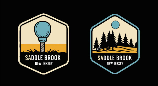Mountain landscape badge with halftone pattern and pine trees