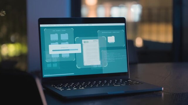 Laptop computer with spyware app uploading secret classified files to server at night in office or house overlooking street. Spy or hacker agent stealing sensitive information or copying data archive