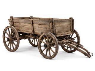 Obraz premium Antique wooden farm wagon with spoked wheels on white background for rustic vintage transport decor