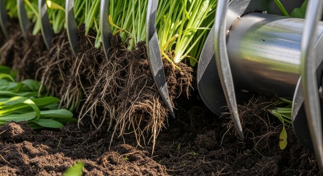 Soil auger drilling earth for planting green seedlings in agriculture field