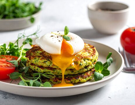 A stack of three vibrant green vegetable fritters, topped with a perfectly poached egg, yolk spilling over. Accompanied by microgreens & tomato