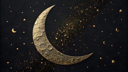 Naklejka premium Celestial Serenity: A golden crescent moon and twinkling stars illuminate a dark night sky, inspiring a sense of wonder and tranquility.