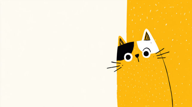 Cat cartoon illustration calico peeking side frame on yellow background, minimal design with blank space for text, playful whisker face