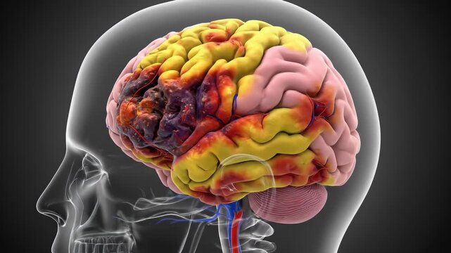 Human brain showing extensive cerebral trauma, severe neural damage, significant hemorrhagic lesion, acute contusion, medical pathology, neurological dysfunction, critical impairment, brain injury,