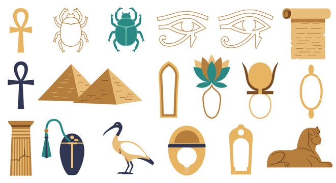 A collection of ancient Egyptian symbols and artifacts including pyramids scarabs ankhs and scrolls rendered in earthy colors against a plain white background surface.