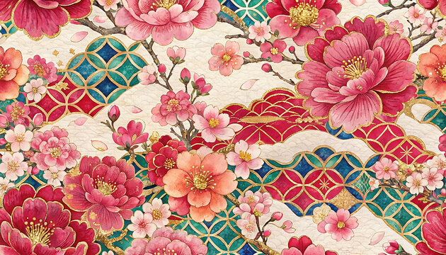 Traditional Japanese Washi Paper Floral Pattern Background Generative AI