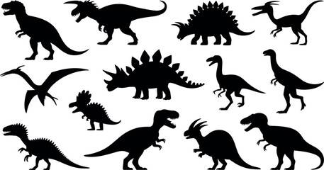 Collection of prehistoric dinosaur silhouettes featuring Tyrannosaurus Rex Triceratops Stegosaurus and Pterodactyl isolated on white background for creative vector design projects. © BIPUL