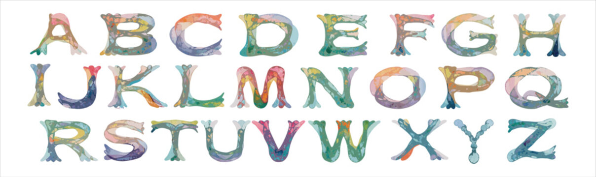 Vintage decorative alphabet collection isolated on white background. Elegant colorful typography set with artistic uppercase serif letter designs. Creative graphic characters for branding and editoria