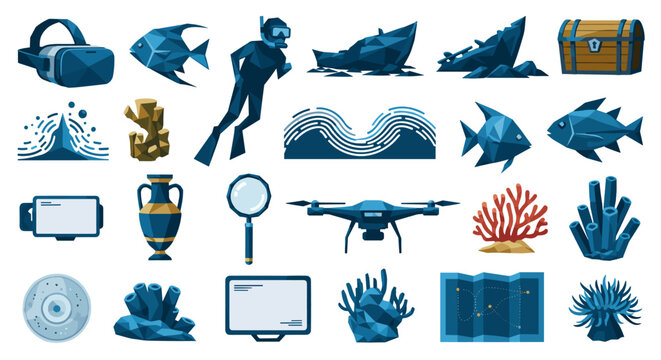 A comprehensive collection of marine archaeology and underwater exploration icons depicted in a distinct low-poly geometric art style with a deep oceanic blue color theme.
