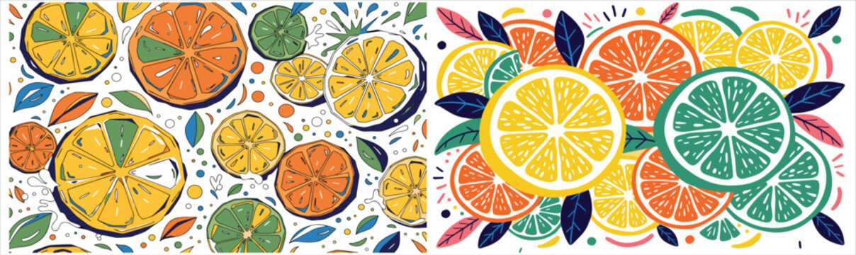 Colorful citrus fruit slice pattern isolated on white background. Fresh orange, lemon and lime illustration set with decorative botanical details. Vibrant tropical food graphics for summer design.
