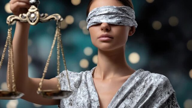Blindfolded woman, holding ornate scales of justice, symbolizing impartial judgment, legal fairness, equity, balance, truth, wisdom, rule of law, principled ethics, profound integrity