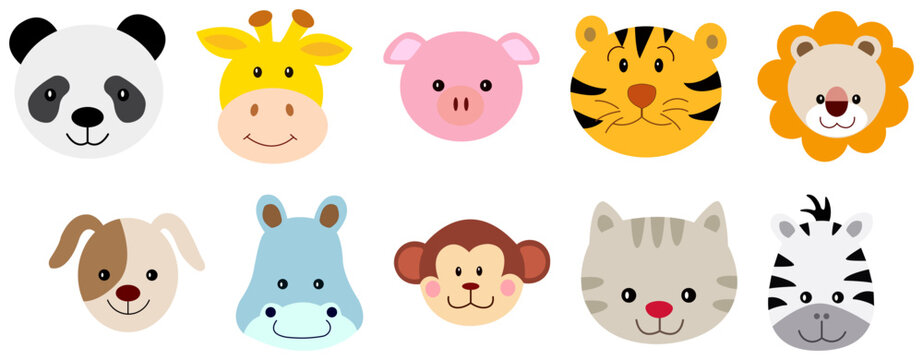 Set of Cute Cartoon Flat Vector Animal Face Icons for Kids Design