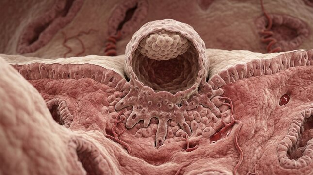 Embryonic implant process: embryo develop, human growth, cellular division, uterine wall, prenatal stage, gestation period, medical biology, womb attach, life conceive.