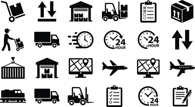 Logistics and Delivery Service Icon Collection Featuring Warehouse, Transport, Packaging, Tracking, and Supply Chain Operations in Vector