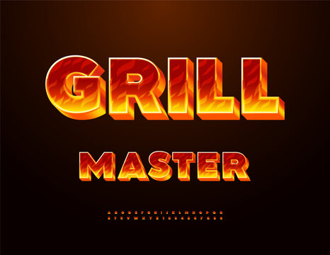 Vector Culinary Advertisement Grill Master. Flame Cool Font. Burning Effect 3D Alphabet Letters and Numbers set.