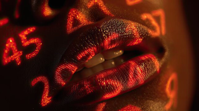 Businessman watching stock market graph at sunset concept. Close-up of lips with numeric symbols projecting onto skin.