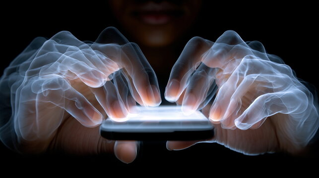 Ghostly hands with the afterimage effect of using a smartphone in the dark. Concepts of danger and addiction in social media, SNS, and the digital virtual world.